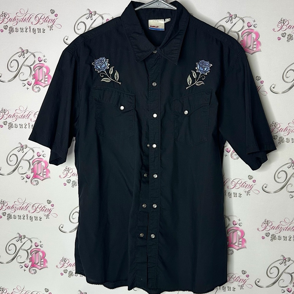 Hurley button tshirt top Men's Black Embroidered Shirt floral tattoo